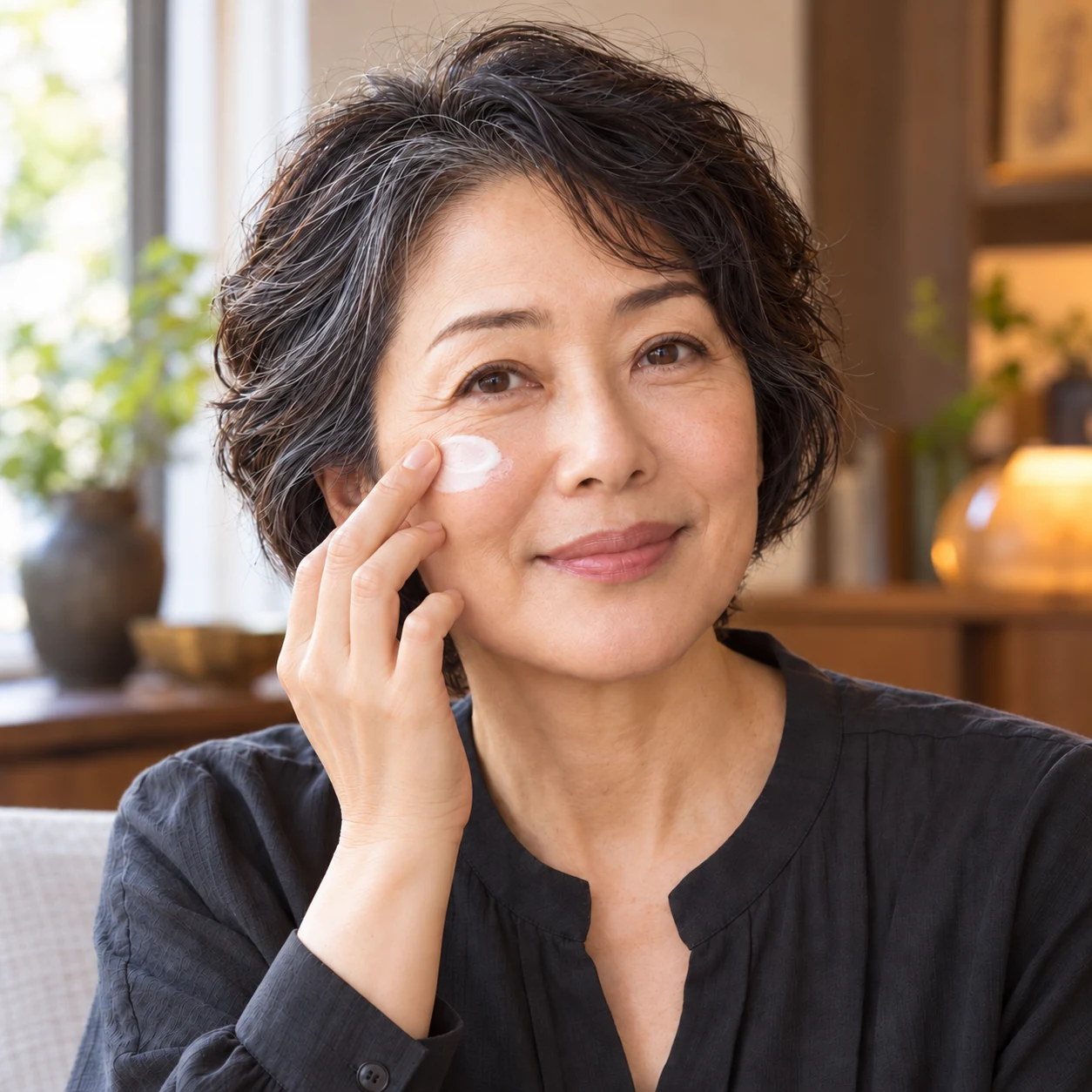 目元周囲の頬に白いクリームを塗る女性のイメージ
