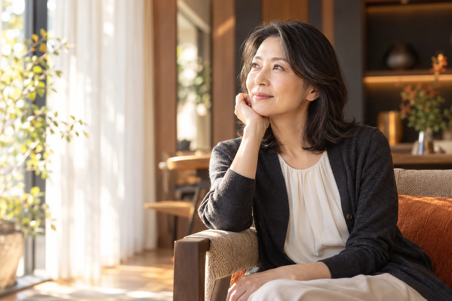 明るい窓辺でくつろぐ女性のイメージ