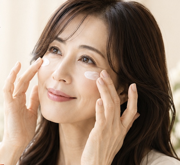 目元にクリームを塗り、そっと手を添える女性のイメージ